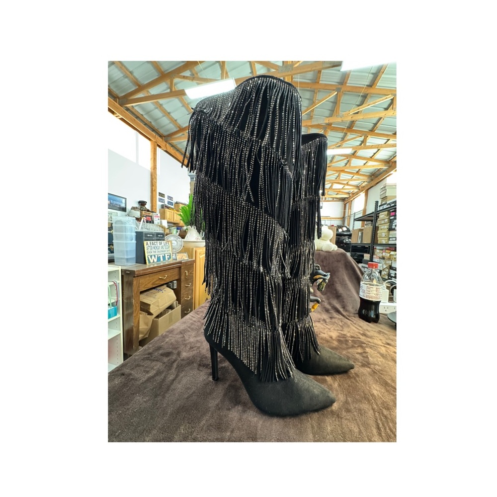 INC Rhinestone Fringe Black Women's kneehigh Boots size 7